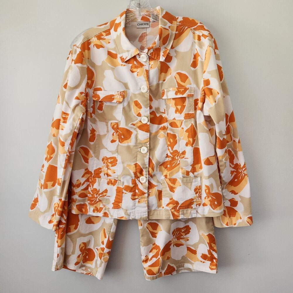Chico's Jacket & Crop Capri Pants 2pc Set Women's 3 White Orange Abstract Cruise